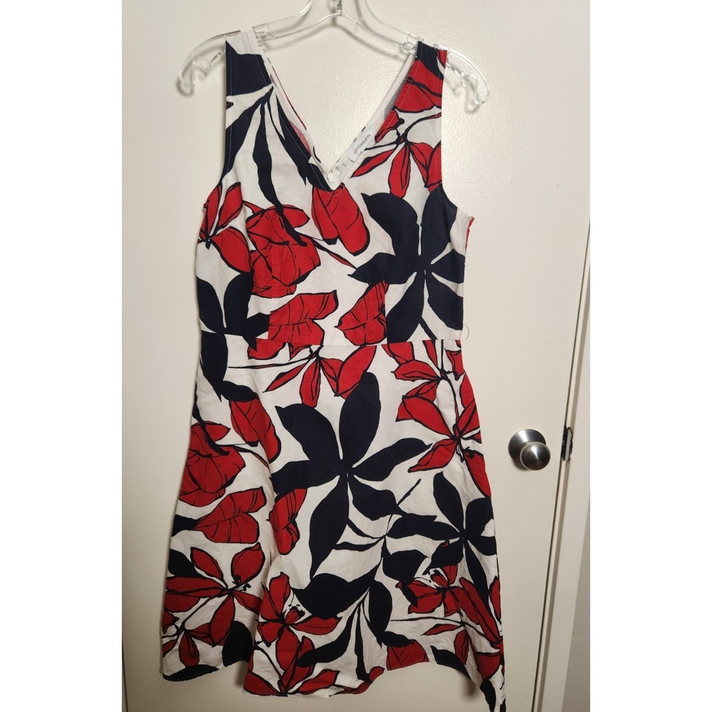Liz Claiborne Red White Blue Floral Linen Cotton V-Neck Sleeveless Dress‎ Sz 8